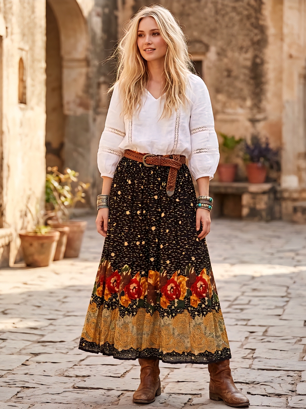 🌺 Vintage Indian Boho Floral Maxi Skirt | Hippie Gypsy Style